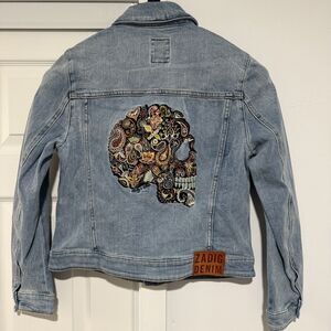 ZADIG & VOLTAIRE Women's Blue Skull Embroidered Kioky Denim Blue Jacket - L